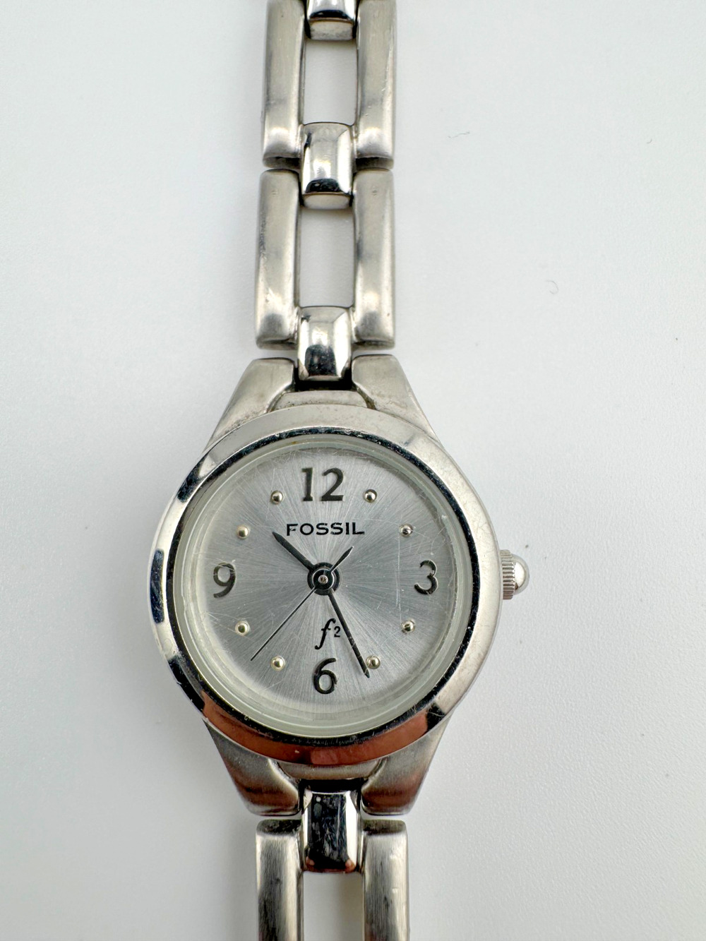 Fossil F2 ES-9048 Women's Silver Tone Watch Open Link Bracelet Arabic Numerals